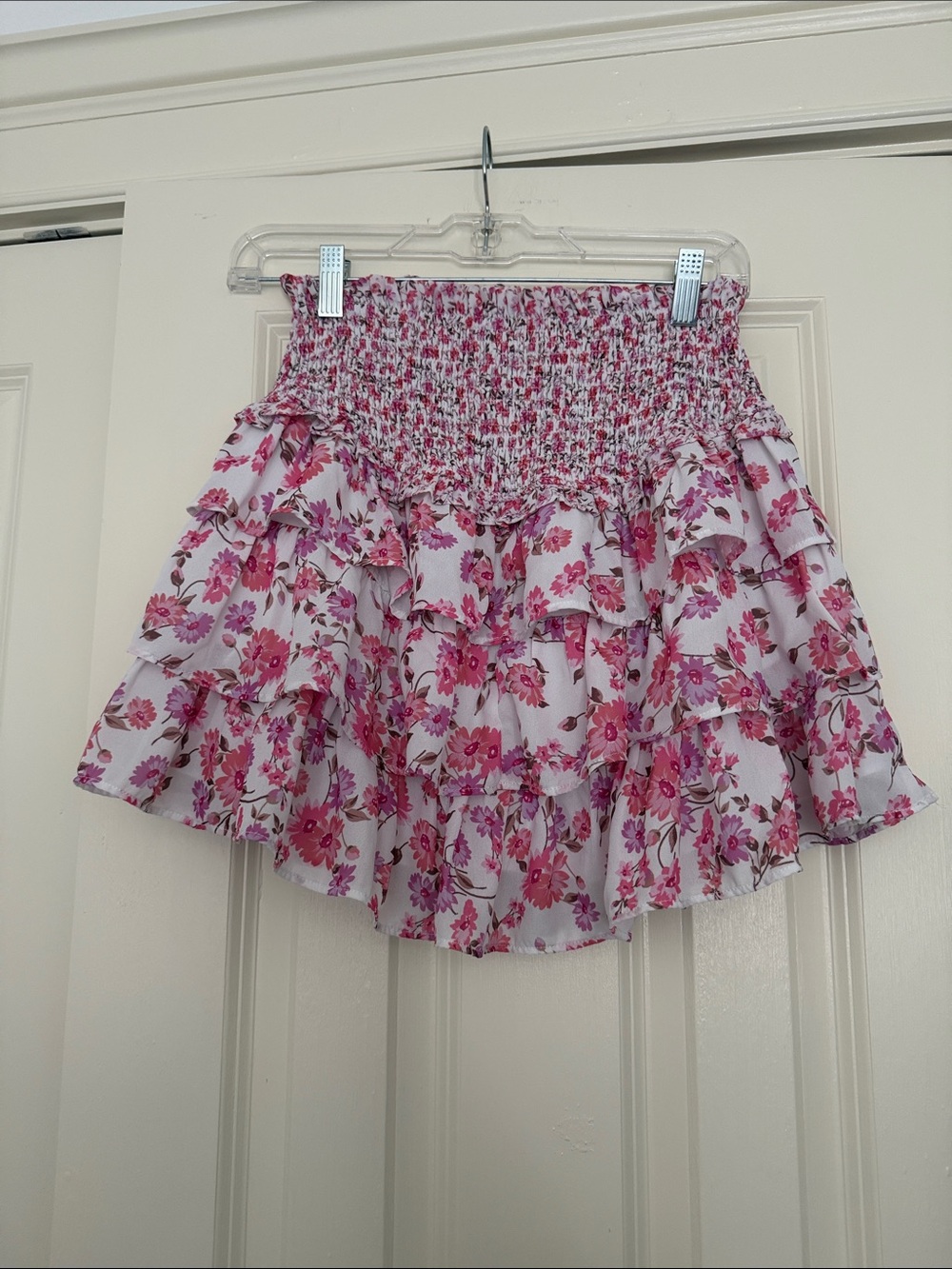 Altar'd State Pink Floral Smocked Tiered Mini Skirt